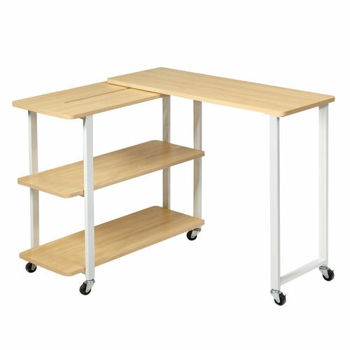 L-Shape 360° Rotating computer desk with open shelves and caster wheels