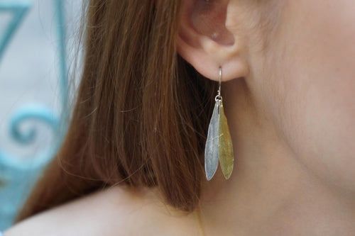 Olive Leaf Earrings: Sterling Silver Dangles - Mixed Metal Finish